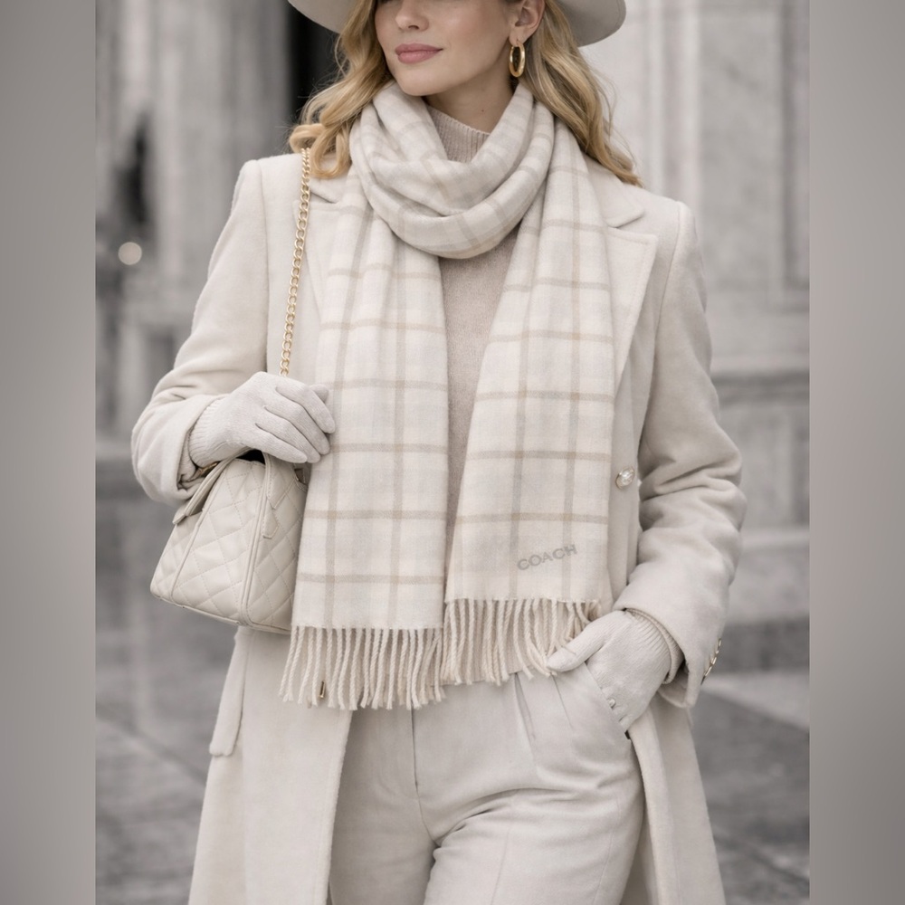 Coach Beige Checkered Wool Women's Scarf